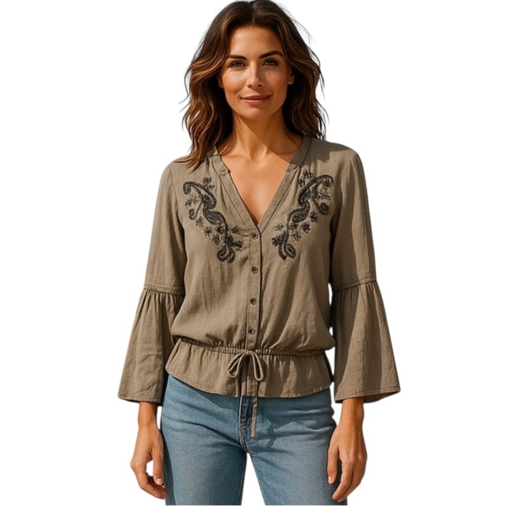 New! DEMOCRACY Khaki Embroidered Soft & Comfy blouse with Bell sleeves Size M